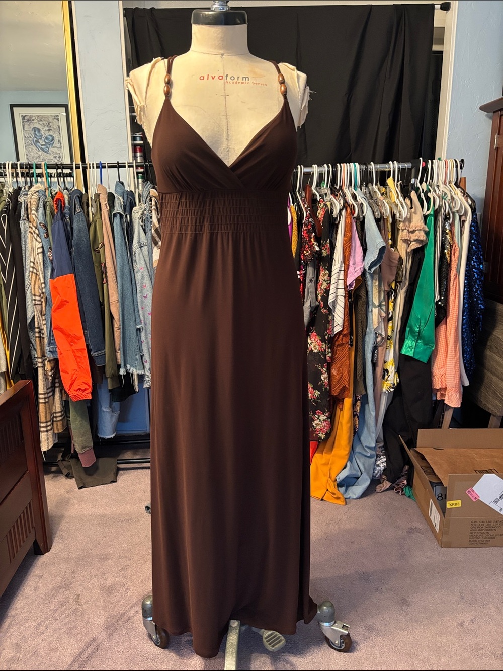Brown Maxi Dress with Beaded Straps